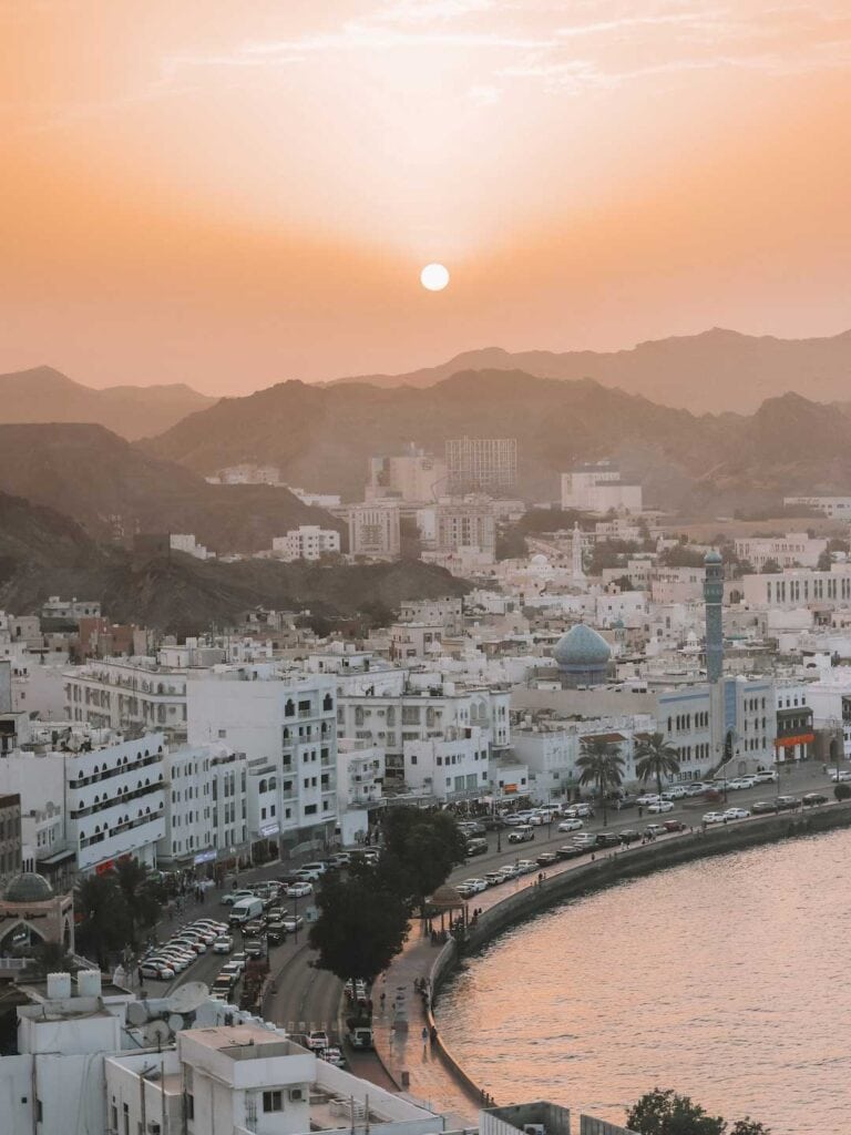 Sunset view of Muscat. Quick itinerary of Oman and the road trip starts in Muscat