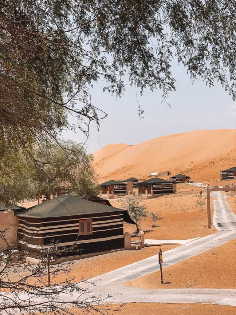 desert camp in Wahiba Sands, spending on night in the desert as part of a two week Oman itinerary