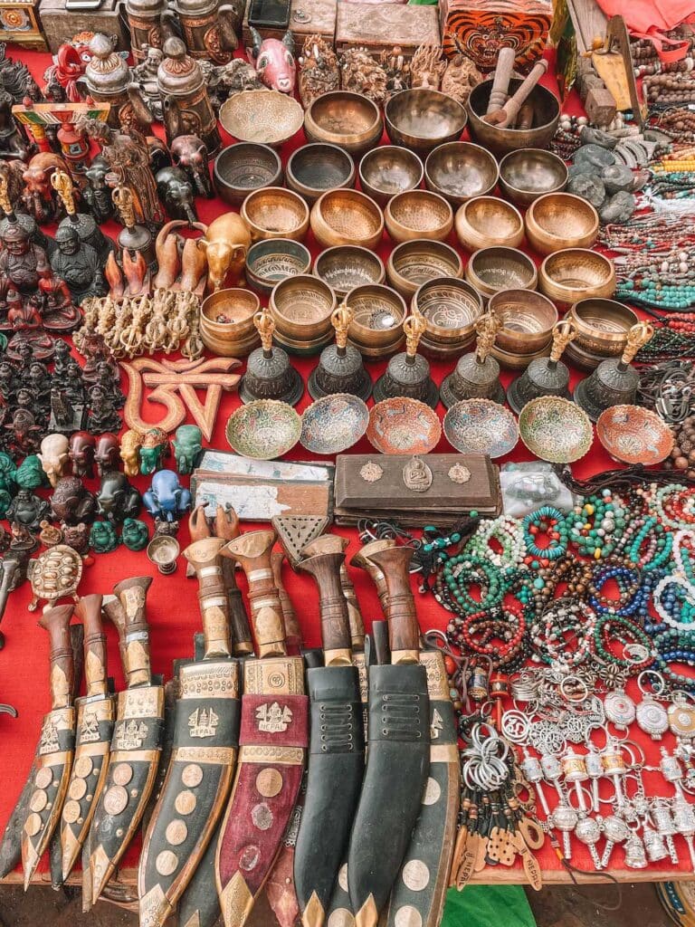 A table filled with local handcrafts in Nepal