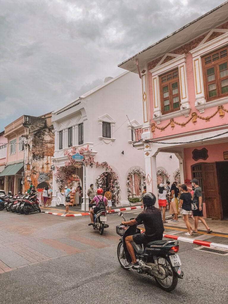 Colorful buildings line the street in Old Phuket Town. Thailand Trip Planner