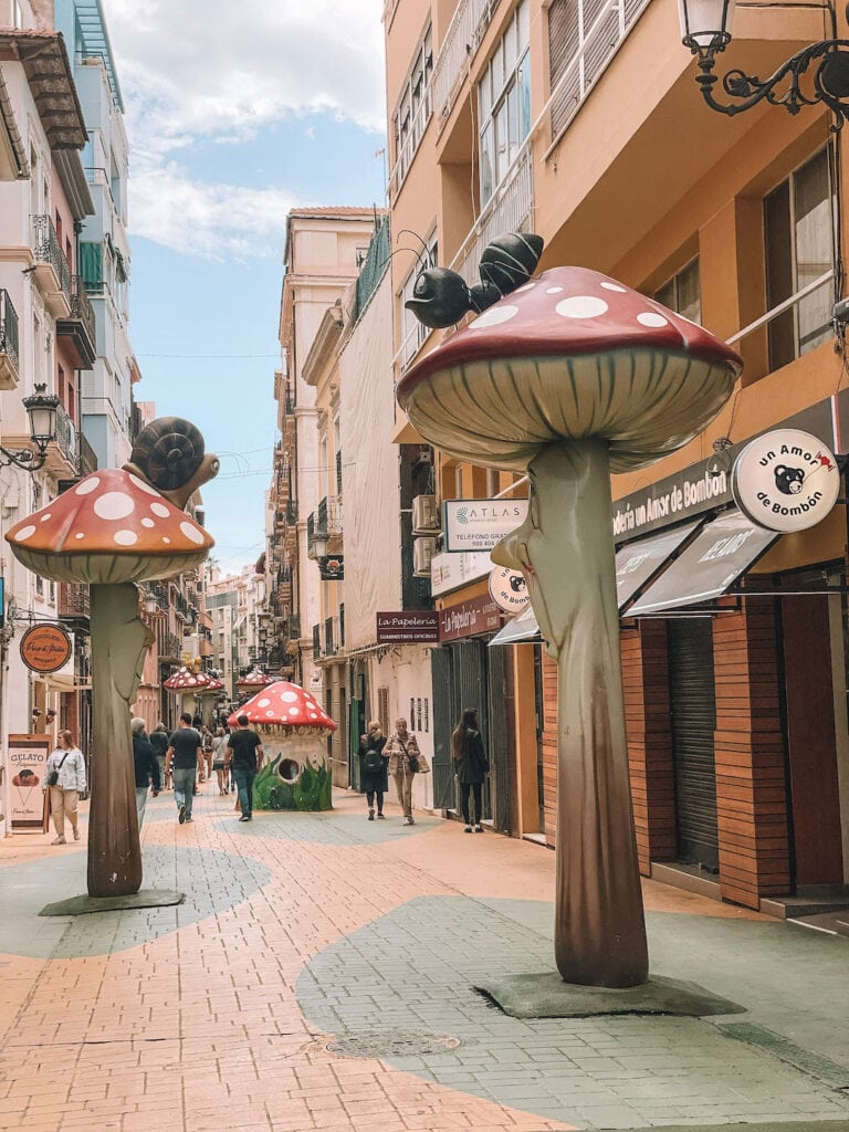 Mushroom statutes along the mushroom street in Alicante city