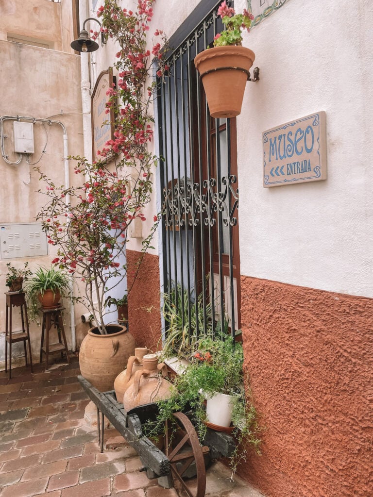 The front entrance of a small museum in Mojacar Pueblo. Pot plants surround the entrance