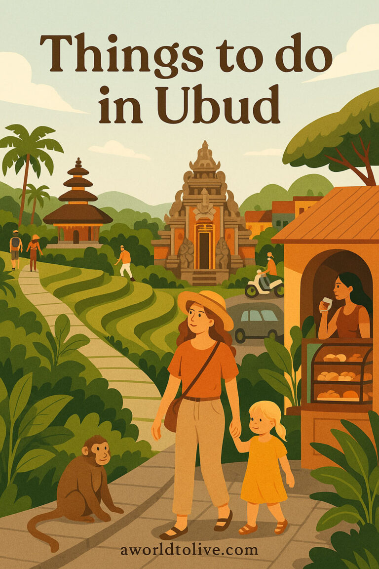 Illustrated image of tourist enjoying many elements of a Ubud in Bali, Share to Pinterest