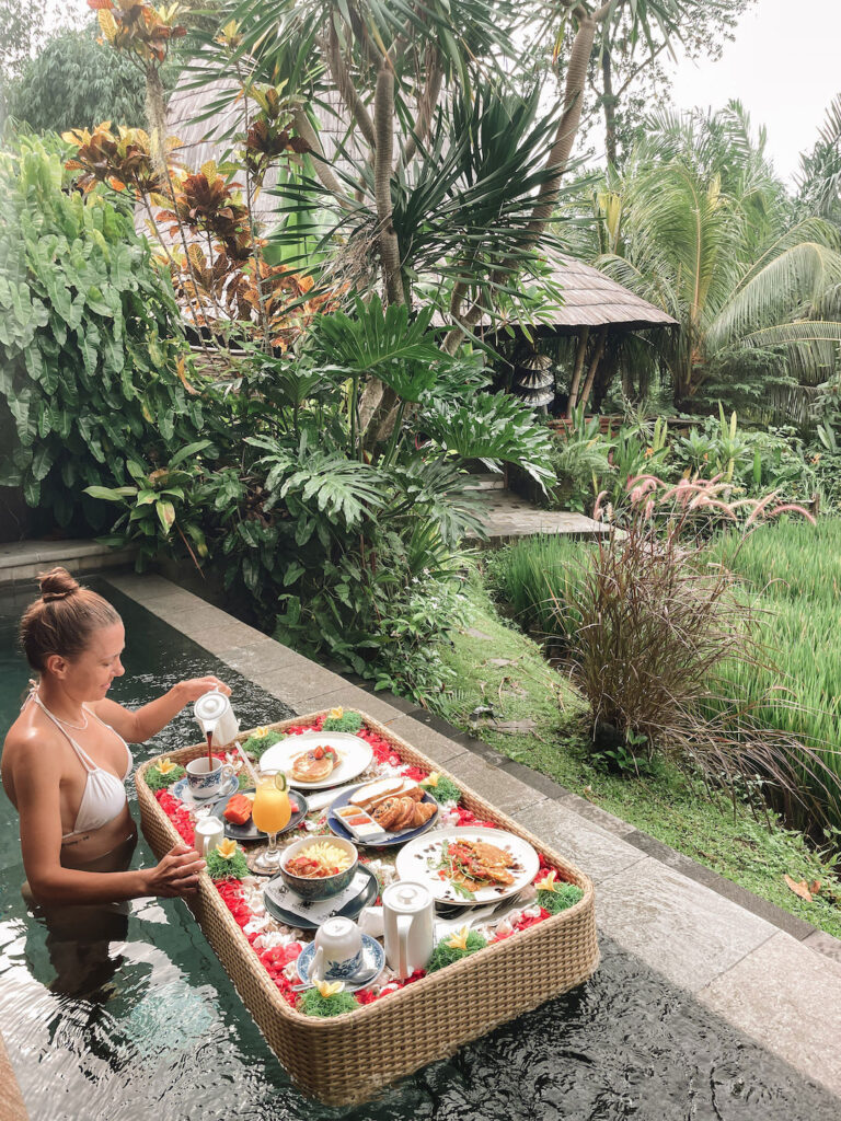 enjoying a floating breakfast in Ubud Bali