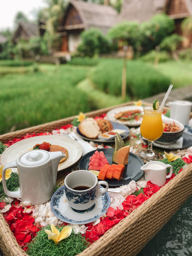 floating breakfast served at Menzel Ubud, with views of the rice terraces