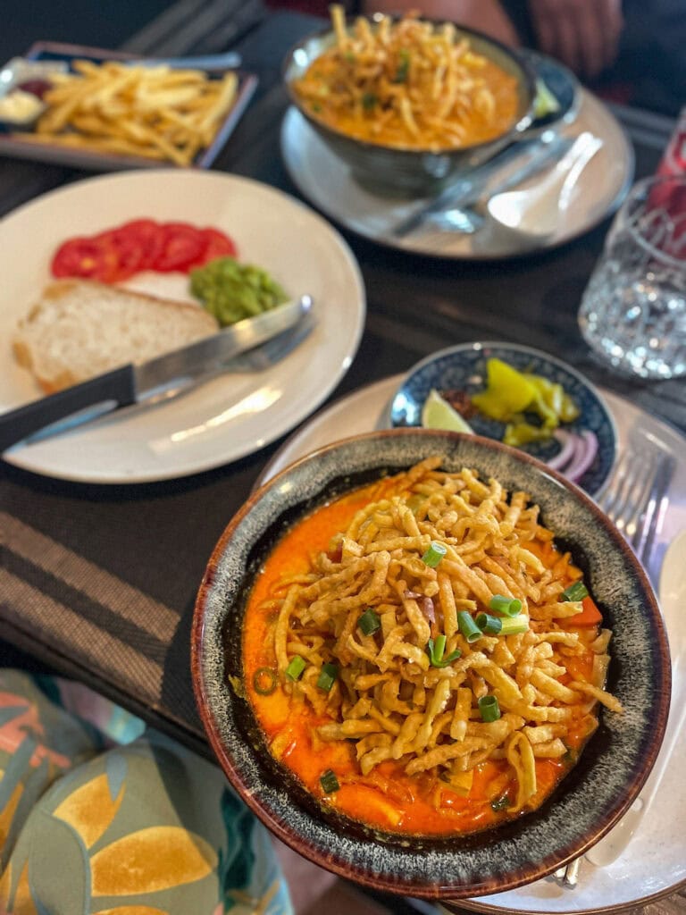 Delicious local food in Northern Thailand. Khao Soi, Chicken and Tofu version in Chiang Mai