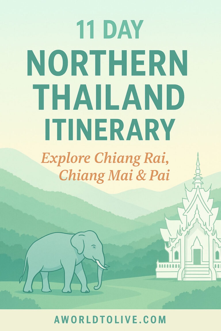 An illustration of Northern Thailand, including an Elephant and White Temple. Share on Pinterest. Text on screen with blog title 11 day northern thailand itinerary