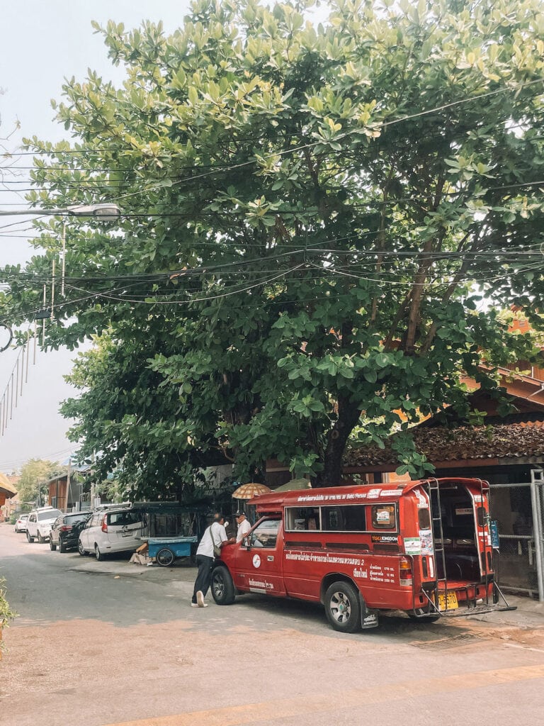 red truck parked outside the Silver Temple in Chiang Mai