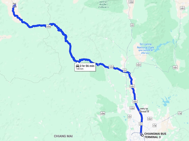 Google Map showing road to Chiang Mai to Pai