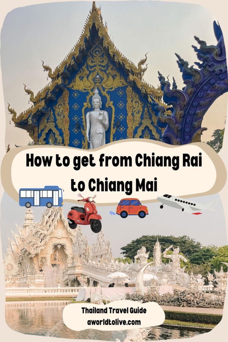 Pinterest graphic showing Chiang Rai’s Blue Temple and White Temple with icons of bus, scooter, car, and airplane. Text overlay reads “How to get from Chiang Rai to Chiang Mai.”