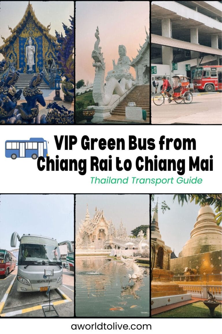 Pinterest graphic collage featuring Chiang Rai temples, the Green Bus, and Chiang Rai Bus Terminal 1. Text overlay reads “VIP Green Bus from Chiang Rai to Chiang Mai – Thailand Transport Guide.”