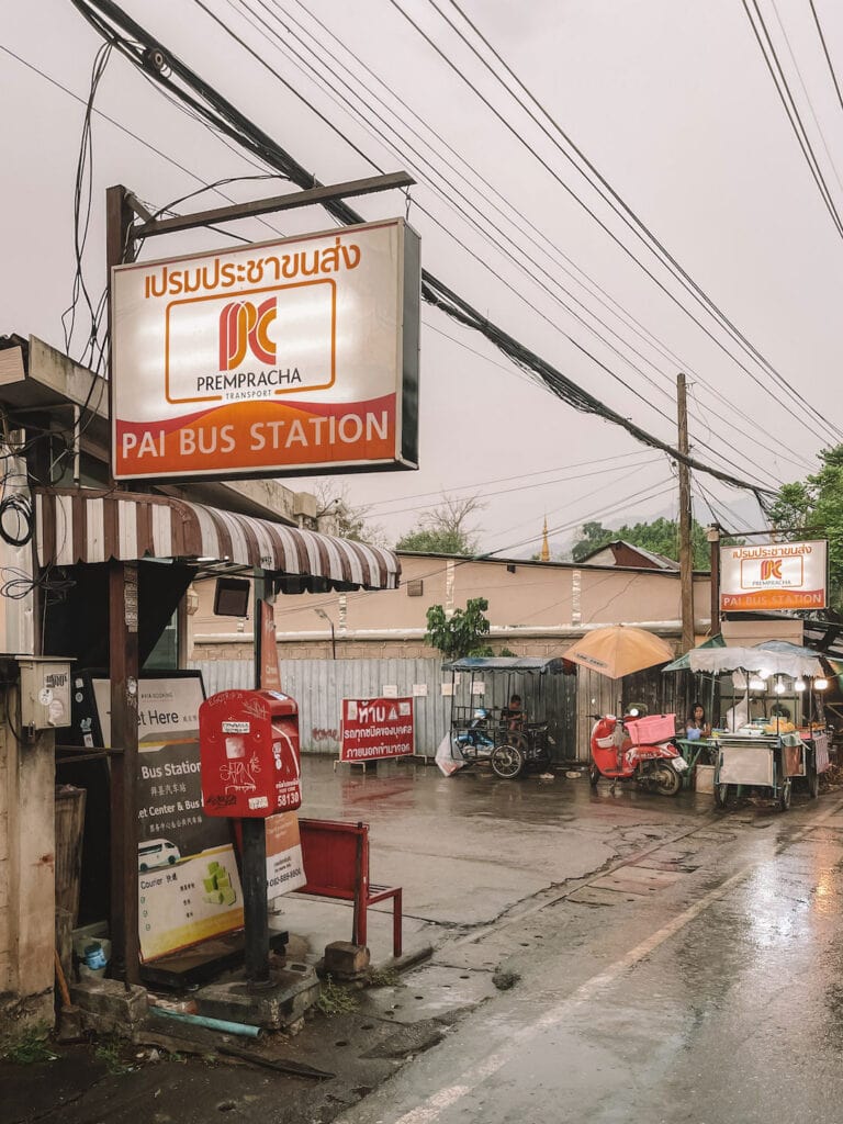 the bus station in Pai on a rainy day