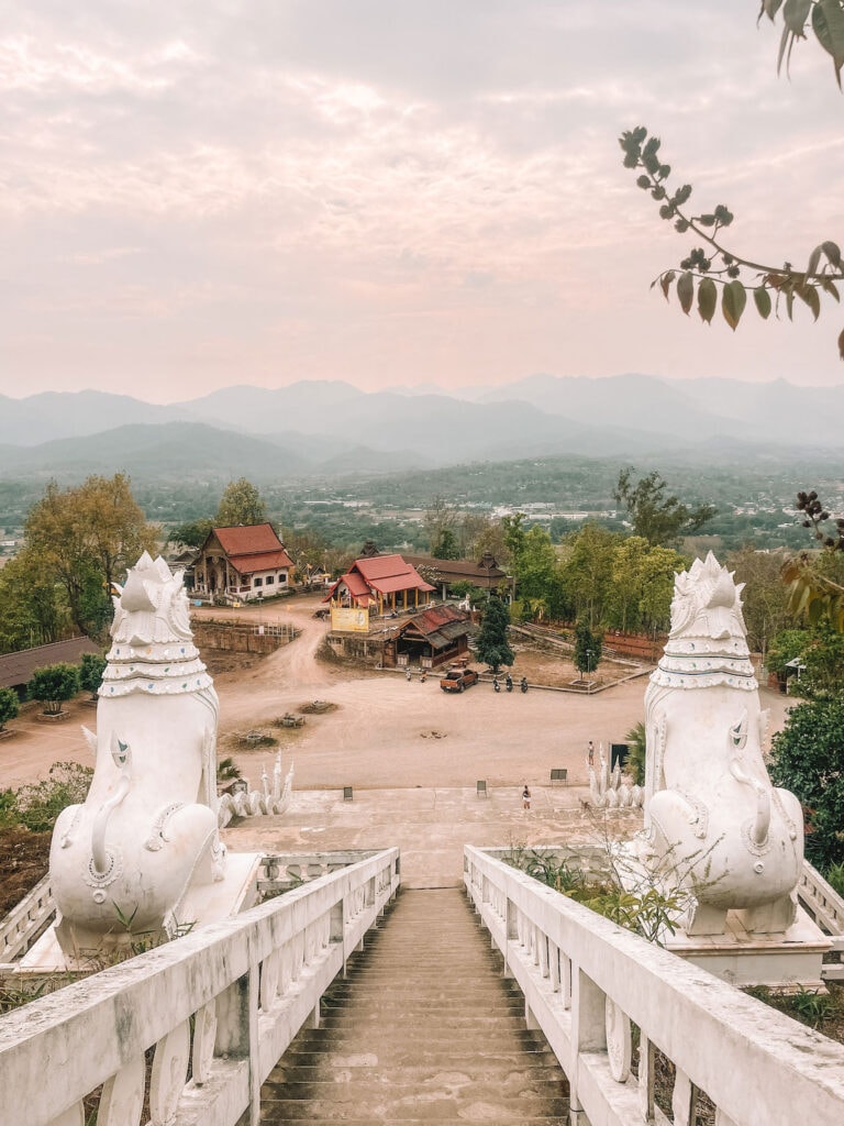 the stair case leading up to the white buddha in Pai. One of the best things to do in Pai