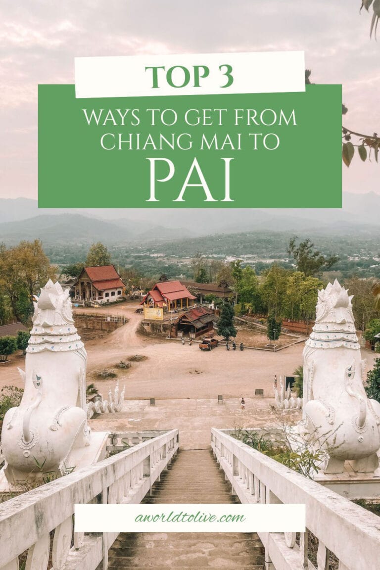View of Pai and a local temple. Top 3 ways to get to Pai from Chiang Mai. Pin to Pinterest