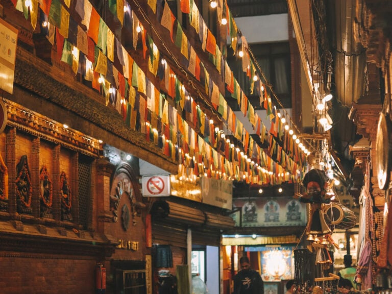 Lights and prey flags during the evening in Thamel