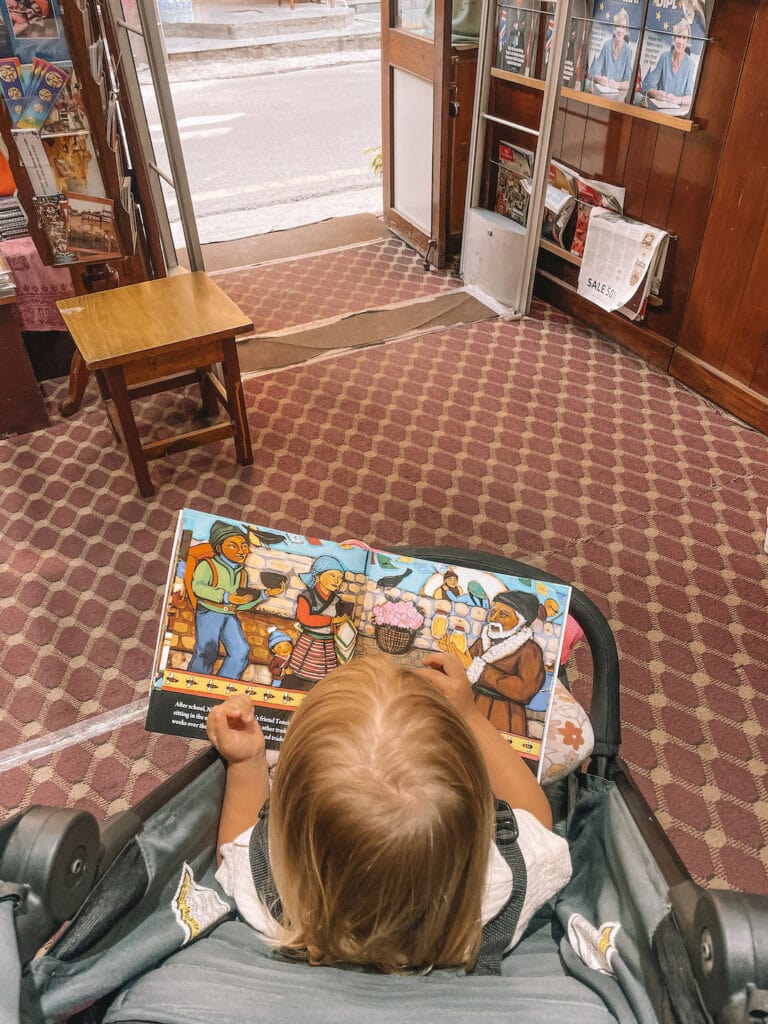 Sahara in her baby jogger pram reading her new book from Kathmandu