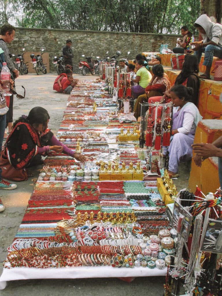 Local market in Pokhara, selling jewelry, ornaments and souvenirs.