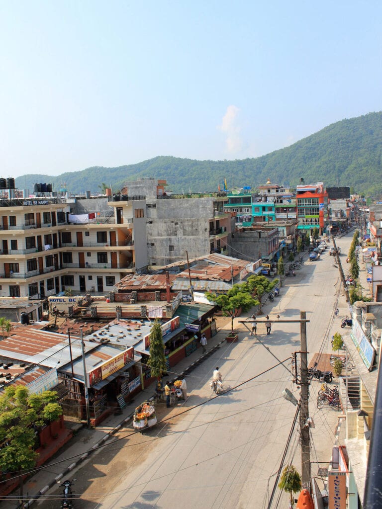 Rooftop view of one of the main roads in Pokhara near lakeside