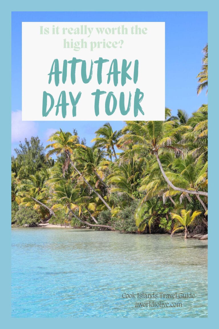 Aitutaki day tour with lush palm trees and turquoise waters in Cook Islands. Pinterest Pin