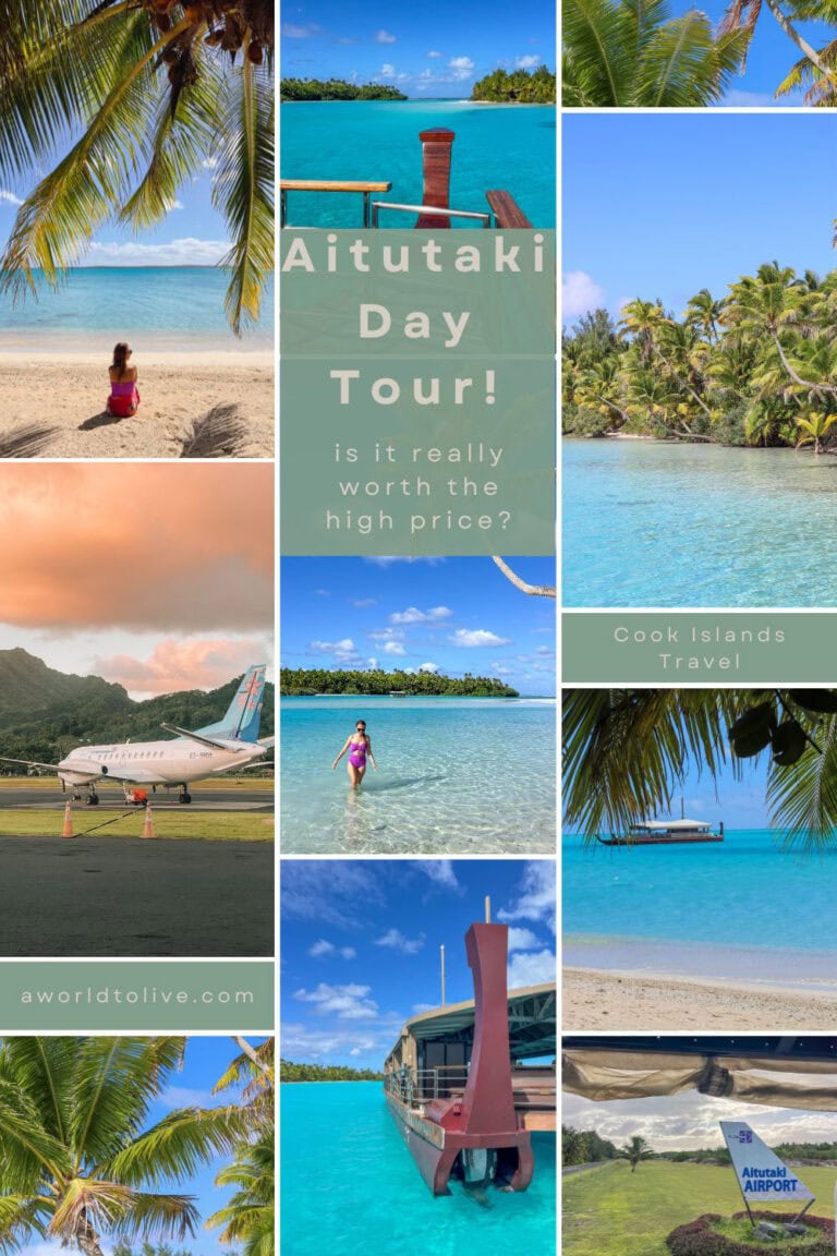 Tropical island paradise with palm trees, clear waters, and a boat for Aitutaki Day Tour. Cook Islands travel guide, pinterest pin