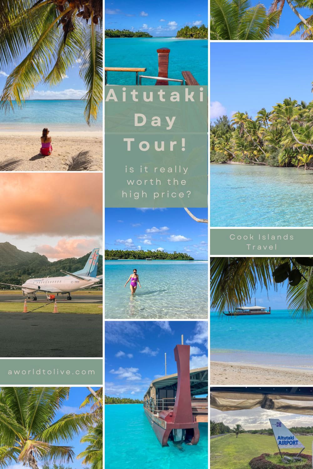 Tropical island paradise with palm trees, clear waters, and a boat for Aitutaki Day Tour. Cook Islands travel guide, pinterest pin