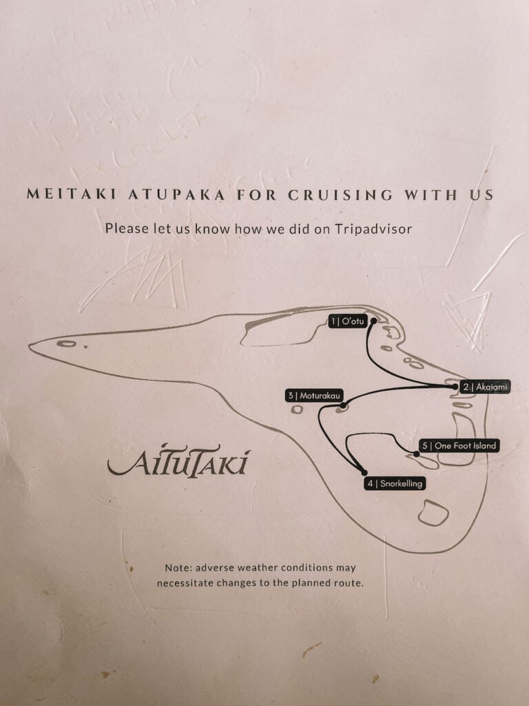 Cruising route map of Aitutaki day tour with five stops on Vaka Cruise