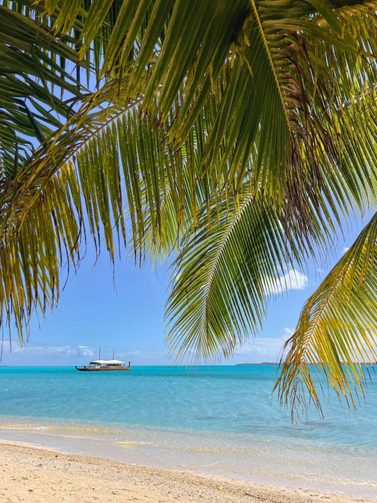 Scenic tropical beach in Aitutaki with palm trees and the Vaka Cruise boat on clear blue water.