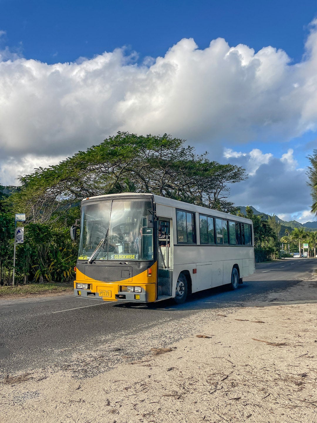 Public bus traveling around Rarotonga in the Cook Islands
