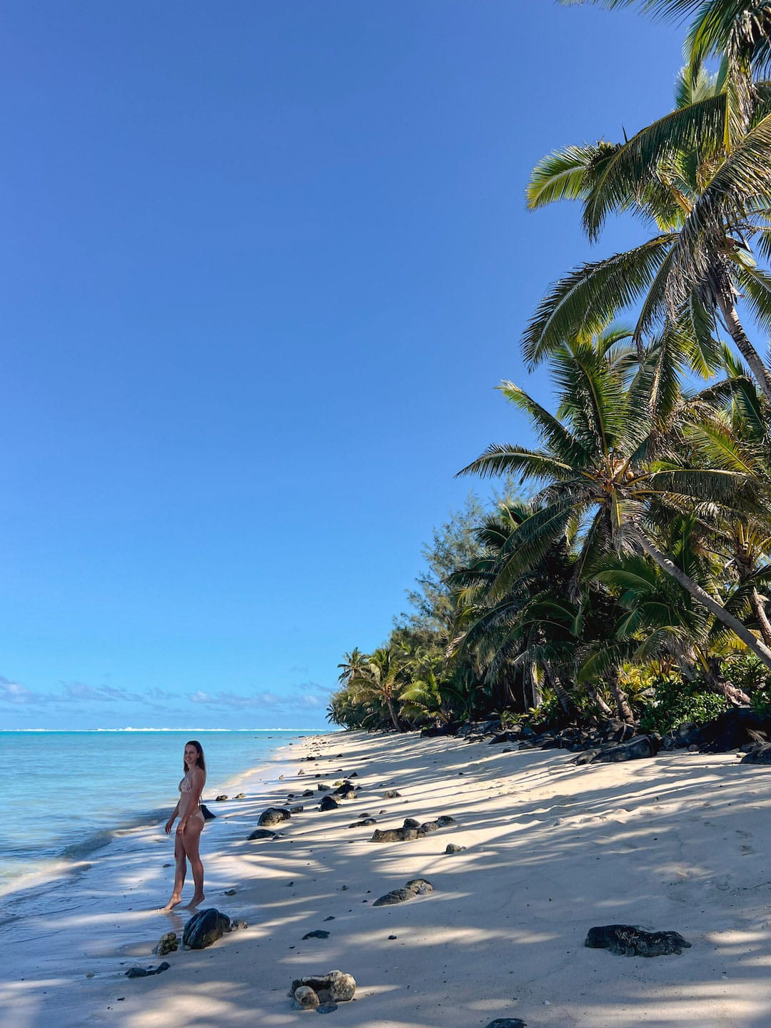Scenic tropical beach with palm trees and clear blue sky in Rarotonga, Cook islands