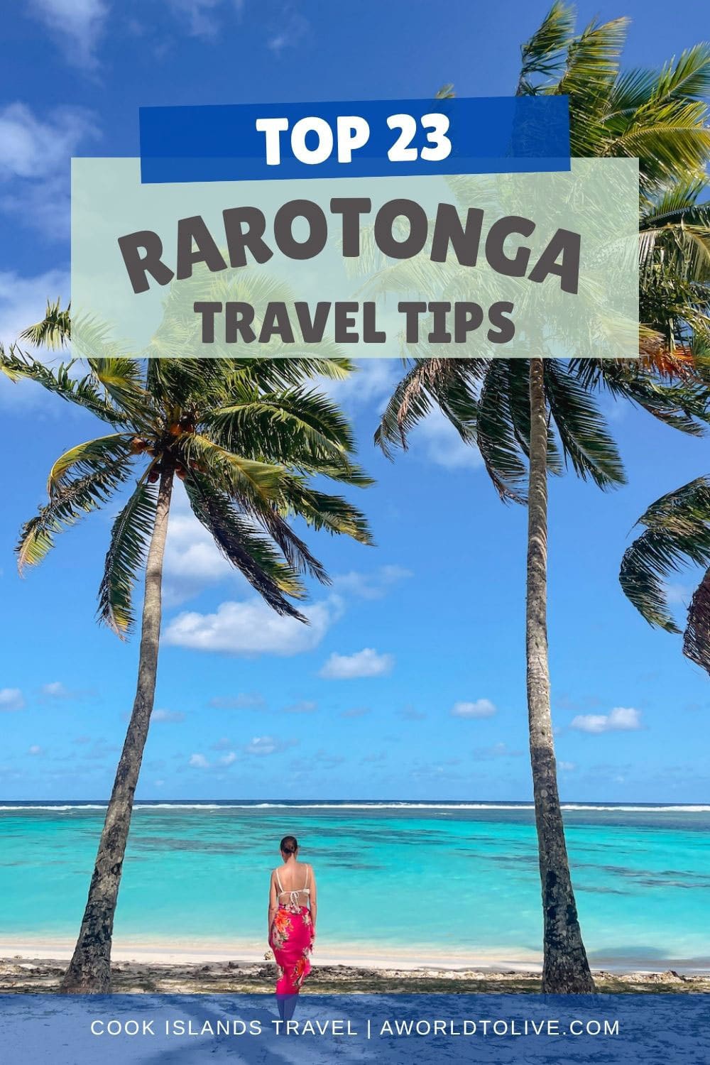 Rarotonga travel tips with tropical beach and palm trees.